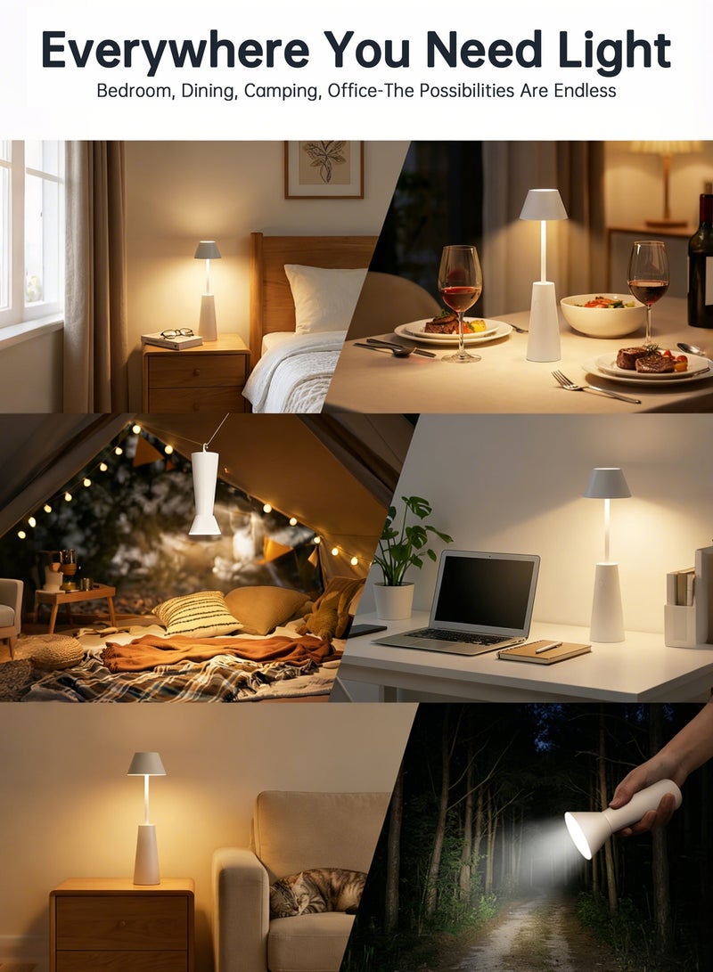 4 in 1 Cordless Table Lamp, 2 Colors Stepless Dimming, Reading Lamp, Bedroom Night Light, High-Intensity Flashlight, Camping Hanging Light, Portable LED Desk Lamp for Bedroom/Restaurant/Bars/Outdoor Camping/Couple Dinner/Night Light (White) - Image 5